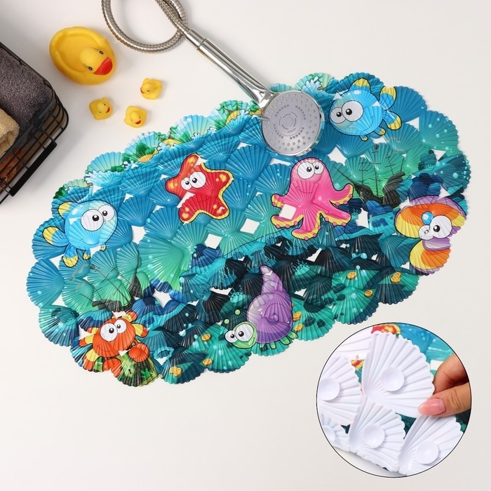 Коврик противоскользящий в ванну на присосках Доляна «Морские жители», 36×67 см Коврик противоскользящий в ванну на присосках Доляна «Морские жители», 36×67 см