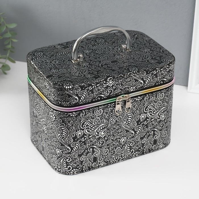 Шкатулка кожзам с зеркалом "Узоры, бабочки" чёрная н-р 3 шт 19х10,5х10,5 21х13х14 15х23х17см