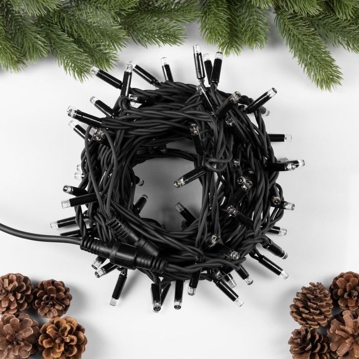 Гирлянда &laquo;Нить&raquo; 10 м, IP65, УМС, тёмная каучуковая нить, 100 LED, свечение тёплое белое, мерцание, 220 В