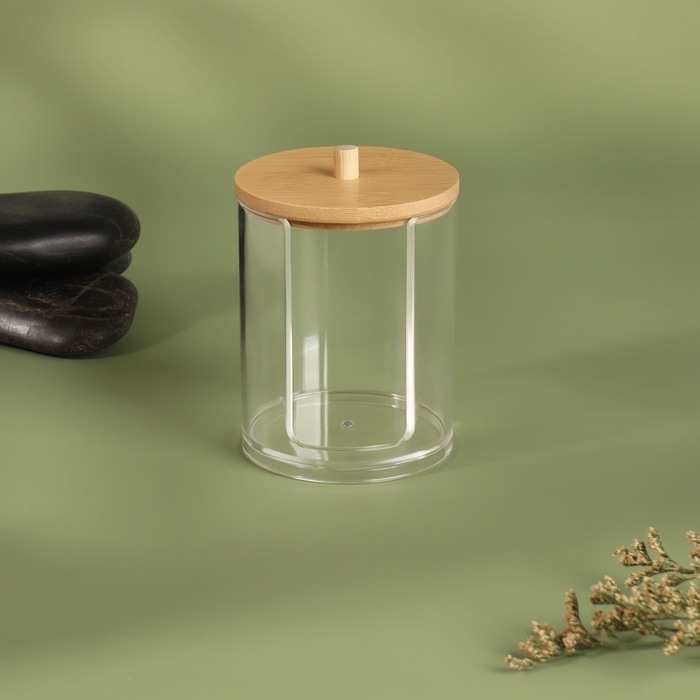 Органайзер для ватных дисков &laquo;BAMBOO&raquo;, с крышкой, 7 &times; 7 &times; 10,1 см, цвет прозрачный/коричневый