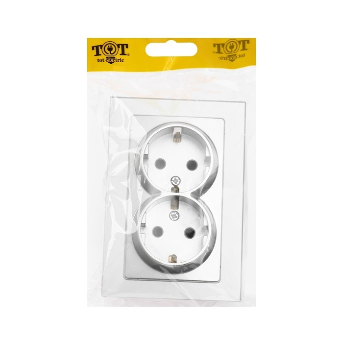 Розетка двухместная TOT Glossy Glass, 16 А, скрытая, с з/к, стекло, серебристая Розетка двухместная TOT Glossy Glass, 16 А, скрытая, с з/к, стекло, серебристая