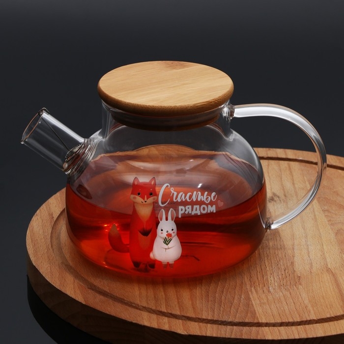 Чайник стеклянный заварочный с бамбуковой крышкой &laquo;Счастье рядом&raquo;, 800 мл