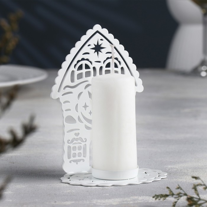 Новый год Подсвечник "Домик с часами" металл на одну свечу, 6,7х10х13,5 см, белый