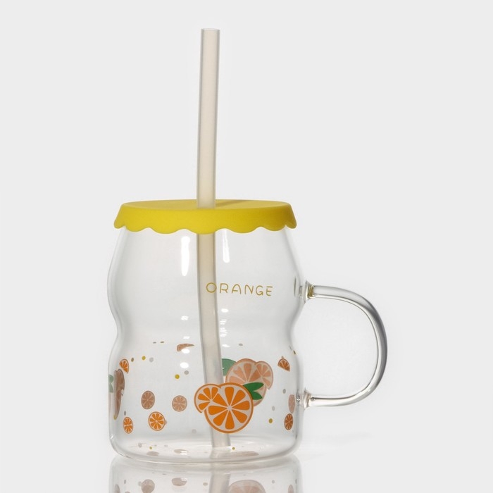 Кружка стеклянная с силиконовой крышкой и трубочкой &laquo;Фрутис&raquo;, 400 мл, цвет МИКС