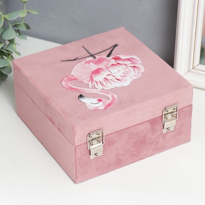 Шкатулка дерево "Розовый фламинго-цветок" бархат розовый 10х16х16 см