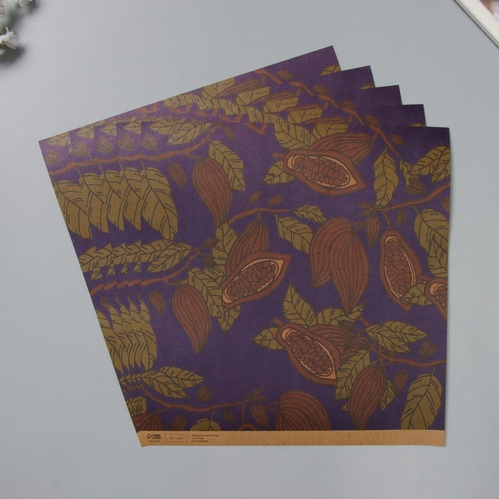 Бумага для скрапбукинга двусторонняя крафт "Какао и цветы" плотность 180 гр набор 5 шт 30,5х32 см