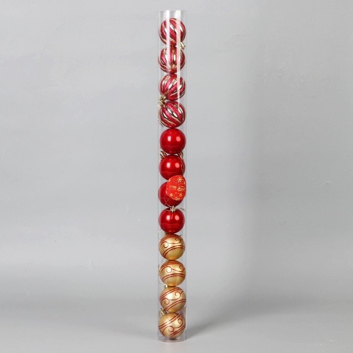 Набор шаров пластик d-5 см, 12 шт "Агнет" узоры полосы, золотисто-красный