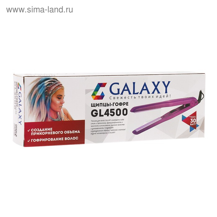Щипцы-гофре Galaxy GL 4500, 30 Вт, до 200&deg;С, керамика, пластины 86 х 13 мм, фиолетовые