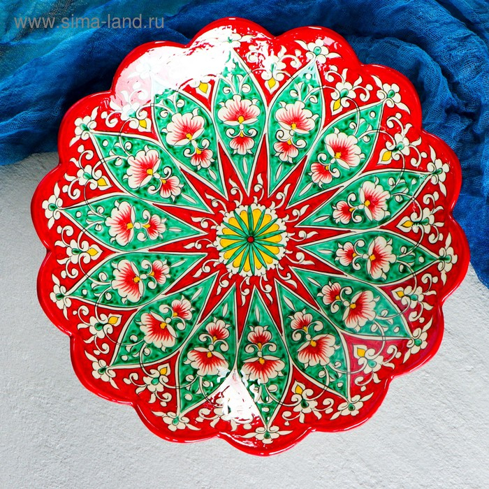 Ляган Риштанская Керамика Ляган Риштанская Керамика "Цветы", 33 см, красный, рифлёный