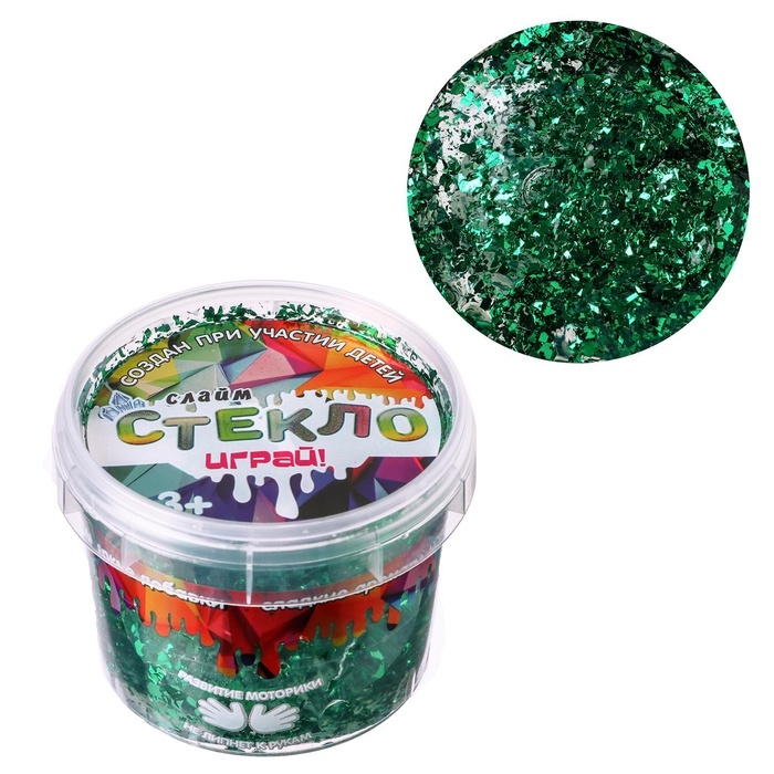 Слайм &laquo;Стекло&raquo; с зелёными блёстками слюда