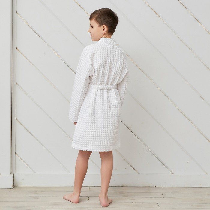 Халат вафельный детский Крошка Я Халат вафельный детский Крошка Я "Boho" размер 32 (110-116 см) цвет белый, 100% хлопок 290 г/м2