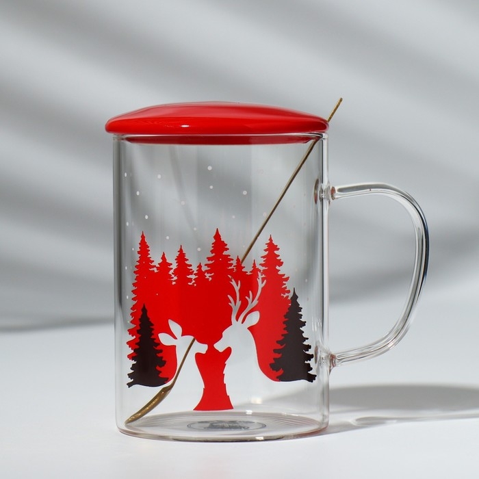 Новый год. Кружка стеклянная с ложкой и крышкой &laquo;Зимний лес&raquo;, 470 мл