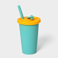 Стакан с крышкой и трубочкой, 350 мл, 9&times;9&times;13,5см, цвет голубой