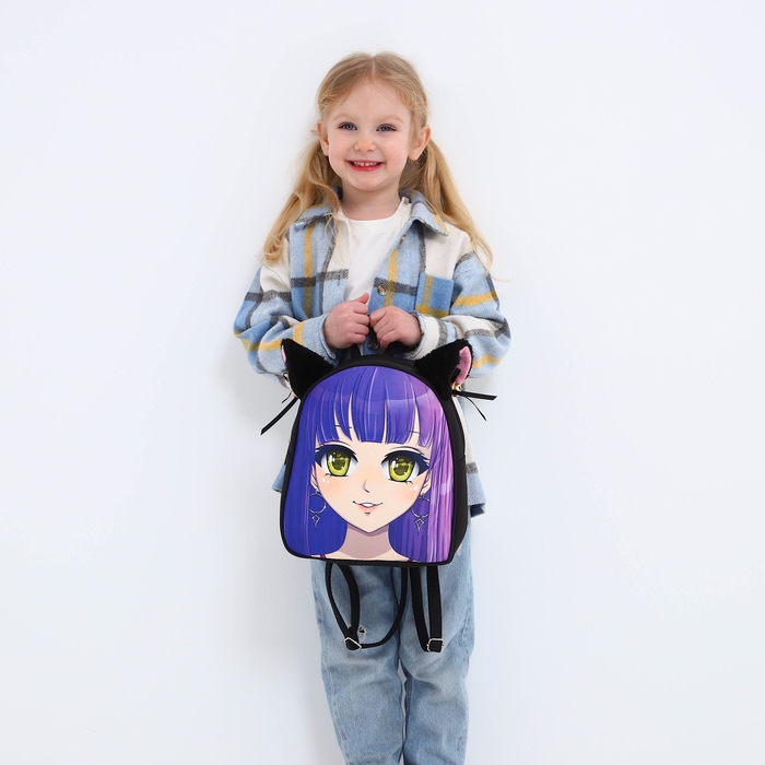 Рюкзак школьный текстильный с ушками на заколках &laquo;Аниме&raquo;, 27х23 см, чёрный/фиолетовый