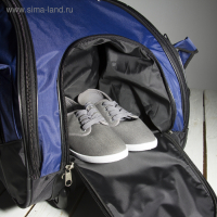 Сумка дорожная на колёсах, отдел на молнии, отдел для обуви, 3 наружных кармана, длинный ремень, цвет чёрный/синий Сумка дорожная на колёсах, отдел на молнии, отдел для обуви, 3 наружных кармана, длинный ремень, цвет чёрный/синий