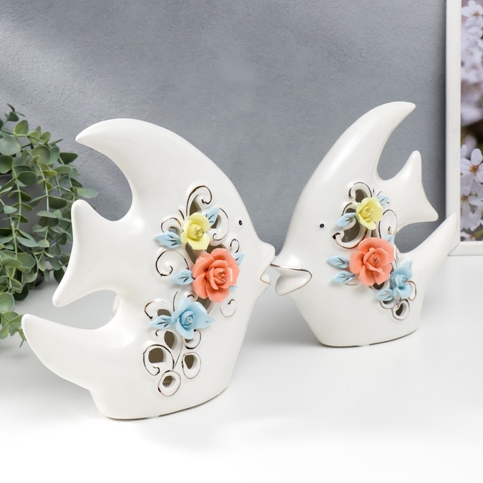 Сувенир керамика "Две рыбки-скалярии с цветами" набор 2 шт 18,5х7,5х21 22,5х8,5х24,5 см