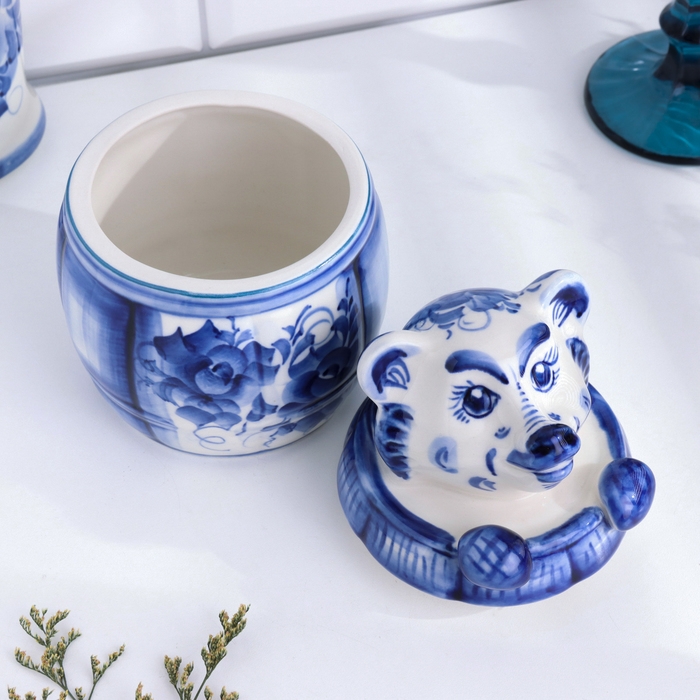 Горшочек Горшочек "Медведь в бочке", 17 х 11 см, гжель