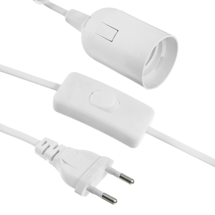 Патрон подвесной с выключателем, Е27, провод 3 м, белый Патрон подвесной с выключателем, Е27, провод 3 м, белый