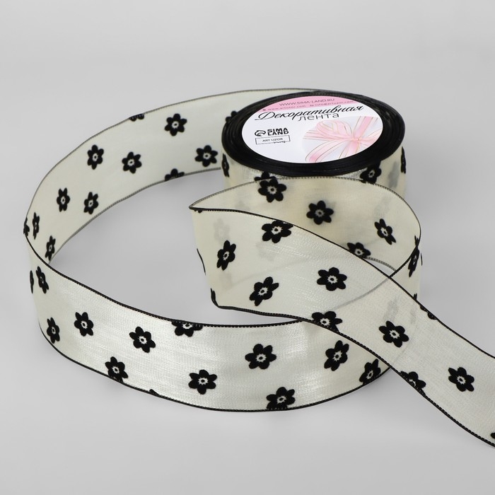 Лента капроновая &laquo;Цветы&raquo;, с бархатным тиснением, 38 мм &times; 9,1 &plusmn; 0,5 м, цвет бежевый/чёрный