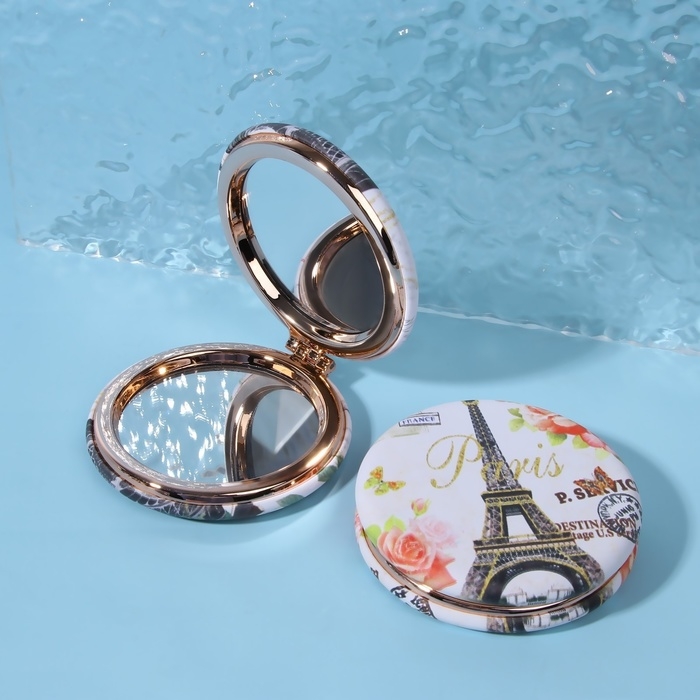 Зеркало складное &laquo;Париж&raquo;, d = 7,5 см, с увеличением, искусственная кожа, рисунок МИКС