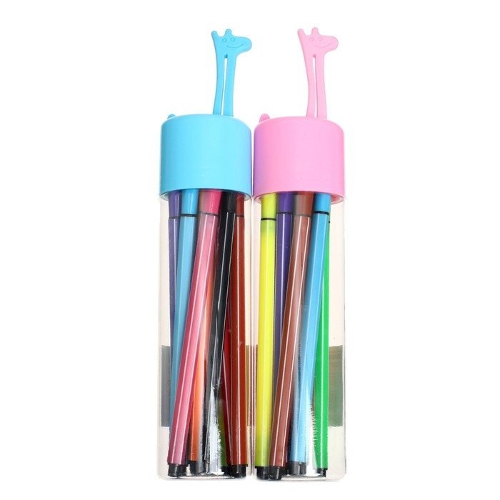 Фломастеры 12 цветов "ЖИРАФ", в пластиковом тубусе, вентилируемый колпачок, МИКС