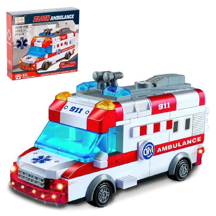 Конструктор блочный &laquo;Скорая помощь&raquo;, световые и звуковые эффекты, ездит, 48 деталей