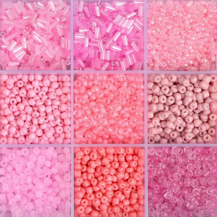 Бисер стекло 6/0, 8/0, 12/0 в шкатулке "Розовый" стеклярус 15,5х9,5х1,6 см