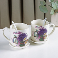 Набор кружек керамических с ложками и подставками &laquo;Букет лаванды&raquo;, 2 предмета: 330 мл, рисунок МИКС