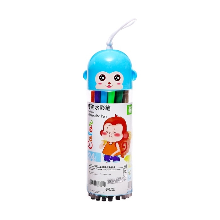 Фломастеры 24 цветов, в тубусе, Полоски, синяя Обезьяна