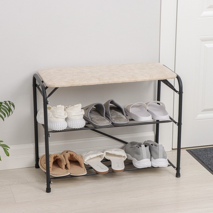 Подставка для обуви с сиденьем, 3 яруса, 65&times;32&times;48,5 см, замша, цвет чёрный