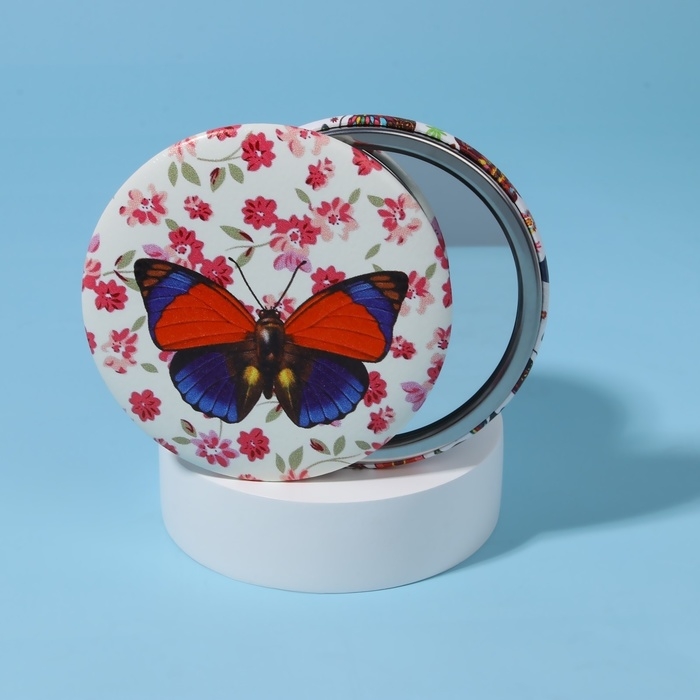 Зеркало карманное &laquo;Бабочки&raquo;, d = 7,5 см, искусственная кожа, рисунок МИКС
