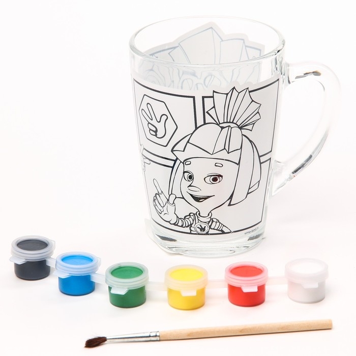 Роспись стеклянной кружки, 300 мл "Симка, Нолик и Файер", Фиксики