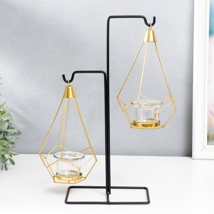 Подсвечник металл, стекло на 2 свечи Подсвечник металл, стекло на 2 свечи "Пирамида в треугольнике" чёрный 36х11х15 см