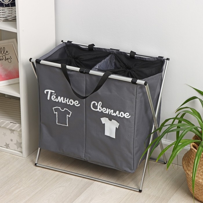 Корзина для белья Доляна Color, складная, двойная, 61×36×57 см, цвет серый Корзина для белья Доляна Color, складная, двойная, 61×36×57 см, цвет серый