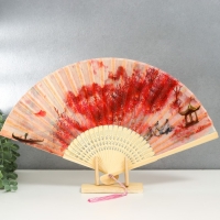 Веер бамбук, текстиль h=23 см "Вечер на реке" красный, с кисточкой Веер бамбук, текстиль h=23 см "Вечер на реке" красный, с кисточкой