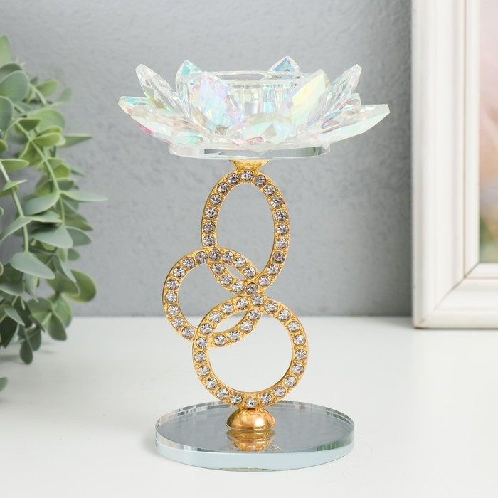 Подсвечник стекло на 1 свечу "Лотос на кольцах" золото d=4,2 см 6,5х6,5х15 см