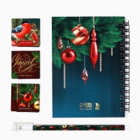 Подарочный набор новогодний блокнот на спирали, магнитные закладки 3 шт и ручка пластик &laquo;Счастья в Новом году!&raquo;