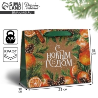 Пакет подарочный новогодний крафтовый вертикальный &laquo;С Новым годом&raquo;, мандарины, MS 18 х 23 х 10 см , Новый год