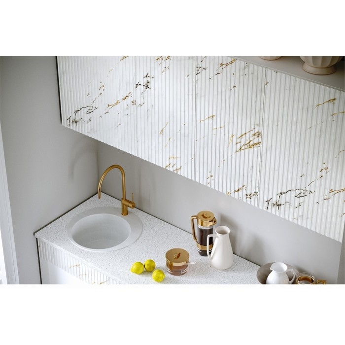 Кухня в потолок трехуровневая Престиж 3000, Белый/Мрамор золото МДФ