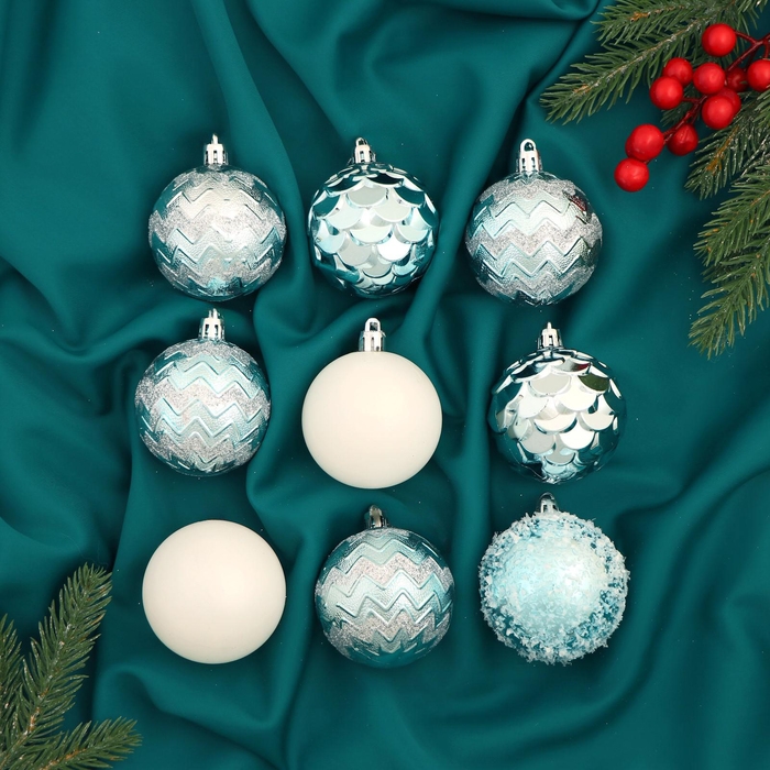 Набор шаров пластик d-6 см, 9 шт Набор шаров пластик d-6 см, 9 шт "Ренна" белый зелёный