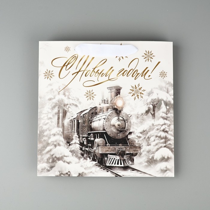 Пакет подарочный новогодний ламинированный квадратный &laquo;Новогодний поезд&raquo;, 22 х 22 х 11 см , Новый год