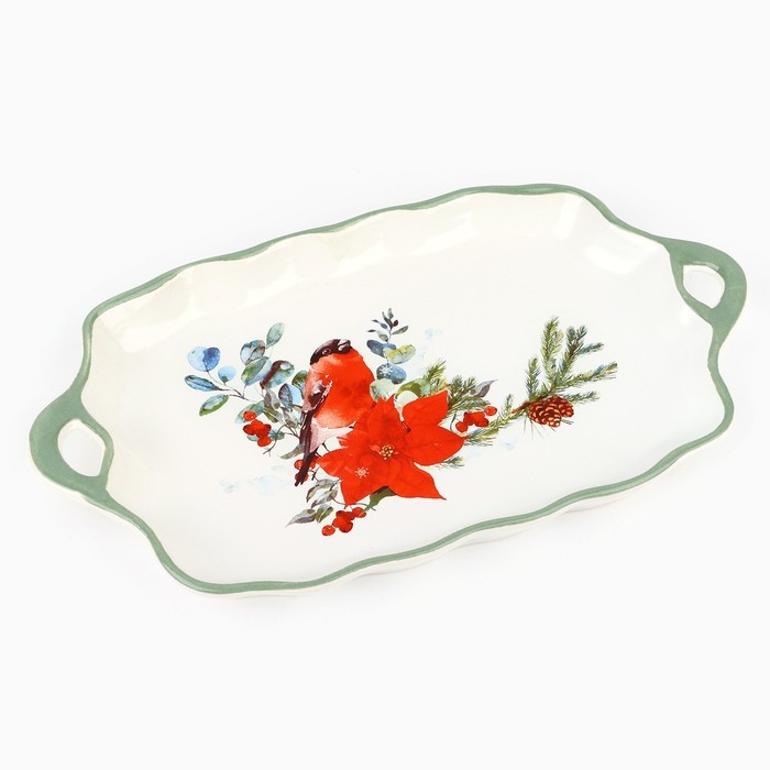 Новый год! Блюдо новогоднее керамическое &laquo;Снегирь&raquo;, 23х13х2.5 см, цвет белый