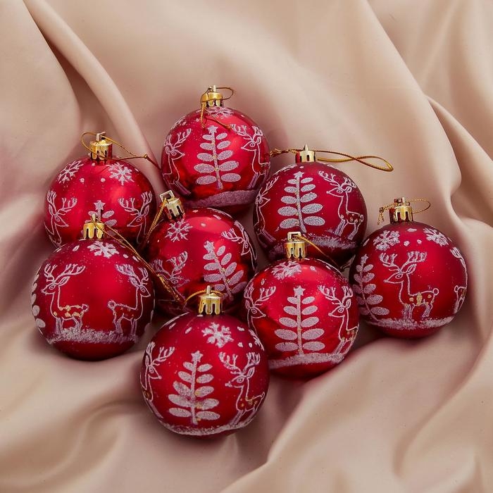 Набор шаров пластик d-6 см, 8 шт Набор шаров пластик d-6 см, 8 шт "Оленёнок у ёлочки" красный