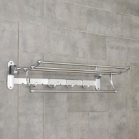 Полка откидная с держателем полотенец, 4 двойных крючка, 59,5&times;26&times;14 см, цвет хром