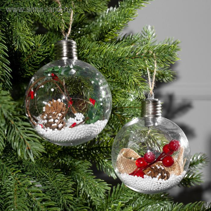 Набор ёлочных шаров &laquo;Ветка ели и ягоды&raquo; 2 шт., батарейки, 5 LED, свечение тёплое белое