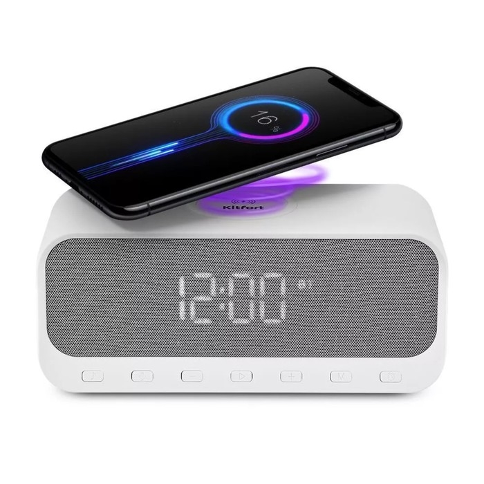 Часы-будильник Kitfort КТ-3702, электронные, беспроводная зарядка, колонка, от АКБ, белые Часы-будильник Kitfort КТ-3702, электронные, беспроводная зарядка, колонка, от АКБ, белые