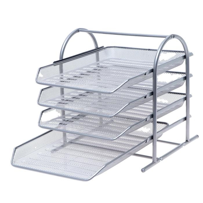 Лоток горизонтальный для бумаг 4 отделения, сетка металл, цвет серый