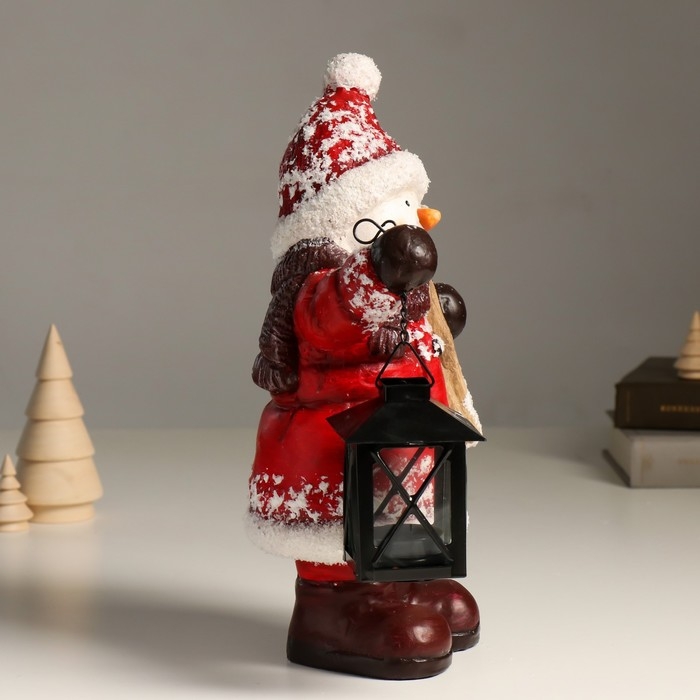 Подсвечник керамика "Снеговик в красной шубке, с фонарём и лыжами" 21,5х12х31 см