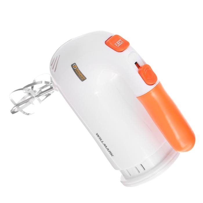 Миксер WILLMARK WHM-6023ST, ручной, 400 Вт, 5 скоростей, 2 насадки, подставка, оранжевый Миксер WILLMARK WHM-6023ST, ручной, 400 Вт, 5 скоростей, 2 насадки, подставка, оранжевый