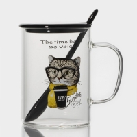 Кружка стеклянная с керамической крышкой и ложкой &laquo;Хипстер&raquo;, 450 мл, рисунок МИКС